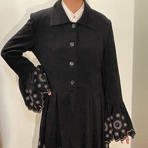 Black Coat Dress With Embroidered Trim